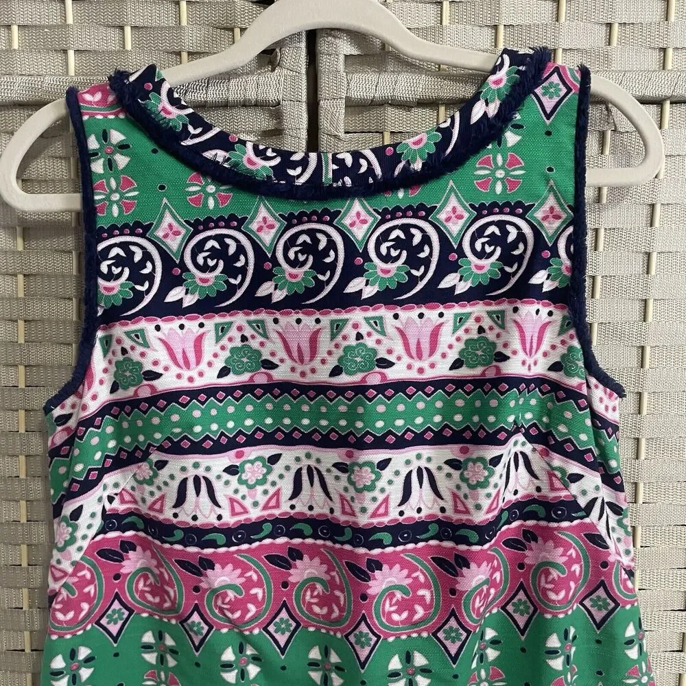 Talbots Sleeveless Sheath Dress Size 8 Green Pink Blue Stripe Fringed Lined - Picture 3 of 12